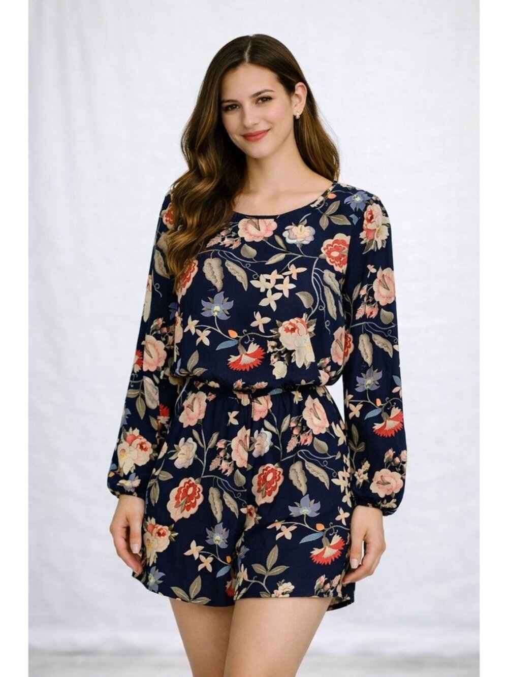One Clothing Romper Womens Extra Small Navy Blue Floral Long Sleeve
